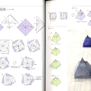 May include: A step-by-step guide on how to fold a pyramid-shaped origami box. The instructions are in Japanese and feature diagrams showing the folding process. The final image shows three finished origami boxes in blue fabric with different patterns.