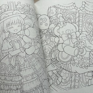 May include: Black and white illustration of a coloring book page featuring a smiling girl in a dress and hat, holding a teddy bear. The page also shows a carousel with a teddy bear and unicorn.
