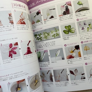 May include: A book with instructions on how to create 3D flowers using a technique called "3D painting". The book shows different types of flowers, including a clover, a plumeria, an orchid, and a leaf. The book also shows the different steps involved in creating the flowers, including painting, drying, and adding details.