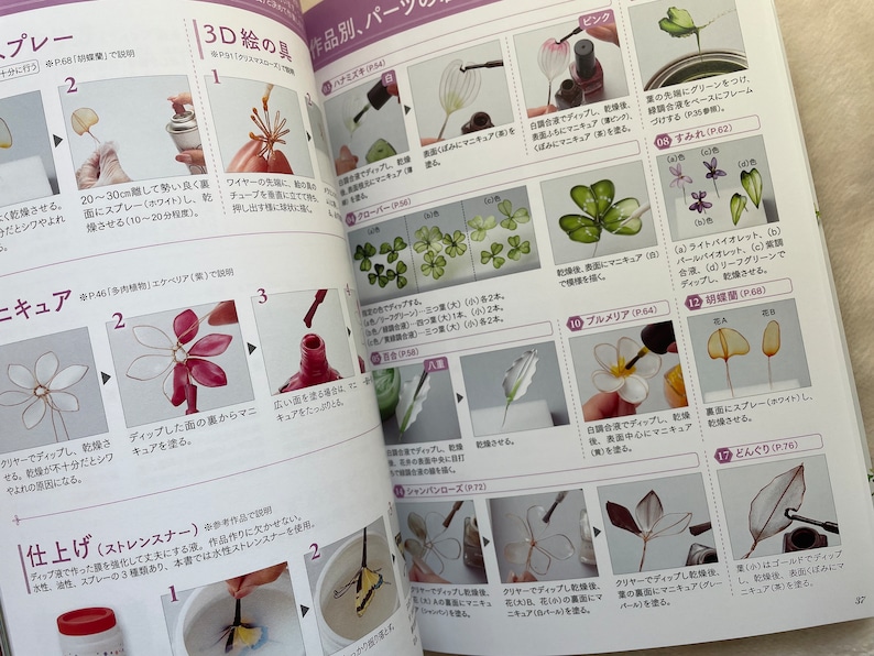May include: A book with instructions on how to create 3D flowers using a technique called "3D painting". The book shows different types of flowers, including a clover, a plumeria, an orchid, and a leaf. The book also shows the different steps involved in creating the flowers, including painting, drying, and adding details.