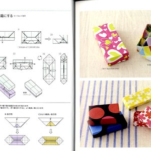 May include: A book with instructions on how to fold origami boxes. The book shows diagrams of the folding process and pictures of finished boxes in various colors and patterns.