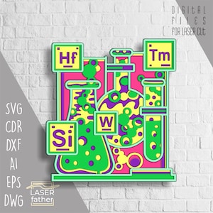 化学元素レイヤー SVG、科学デザイン、レーザーカット テンプレート、デジタル ダウンロード、化学アート、実験室 PNG、CNC マシン ファイル