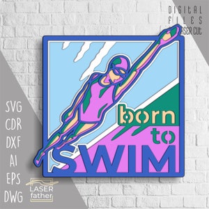 Schwimmen SVG, mehrschichtige Laserschnitt-Datei, Schwimmer Silhouette, digitaler Download, 3D Papierschnitt, Schaukasten, Cricut Designs, Glowforge Dateien
