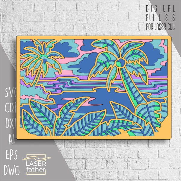 Tropical Beach SVG For Laser Cuts, Landscape Multilayer, Hawaii Shadow Box, Palm Tree DXF, Summer Glowforge Files, Cricut Designs