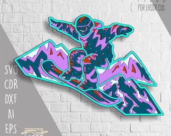 Snowboarder SVG, DXF de snowboard, art du snowboard, superposition, fichiers de découpe laser, téléchargement numérique, projets Cricut, modèle Glowforge