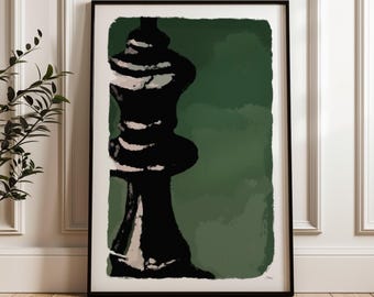 Chess Queen Art Print: Black Chess Piece, Green Background