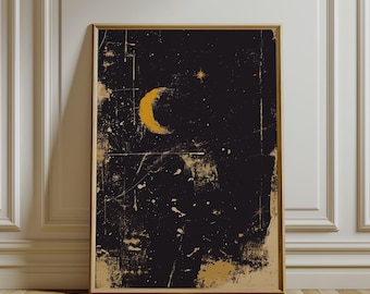 May include: Framed art print featuring a dark night sky with a golden crescent moon and a star. The artwork has a textured, distressed appearance with gold and white accents, creating a vintage aesthetic. The frame is a warm gold color.