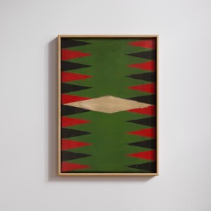 May include: Abstract geometric painting in a wooden frame. The artwork features a green background with red and black triangular shapes arranged in a zig-zag pattern. A gold diamond shape is centered on the green background.