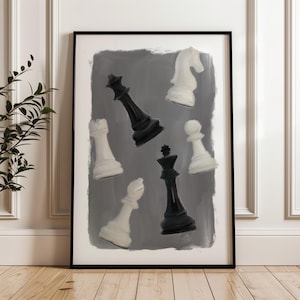 Abstract Chess Piece Set Wall Art, Original Chess Piece Set Illustration, Art Printable for Chess Lovers and Enthusiasts, Game Room Painting