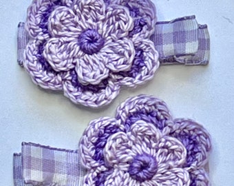 Handmade Crochet Alligator Hair Clip Lavender, Purple Teen, Girls, Infants, Gingham hand stitched Ribbon