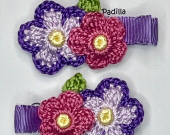 Handmade Crochet Flowers Alligator Hair Clip Lavender, Purple and Pink, Teen, Girls, Infants, Gingham hand stitched Ribbon