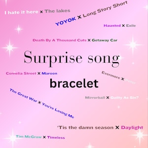 May include: A pink background with white stars and text in various colours. The text reads "Long live x change", "I hate it here x The lakes", "YOYOK X Long Story Short", "Haunted X Exile", "Death By A Thousand Cuts X Getaway Car", "Surprise song", "Cornelia Street X Maroon", "bracelet", "The Great War X You're Losing Me", "Evermore X Peter", "Mirrorball X Guilty As Sin?", "'Tis the damn season X Daylight", "Tim McGraw X Timeless".