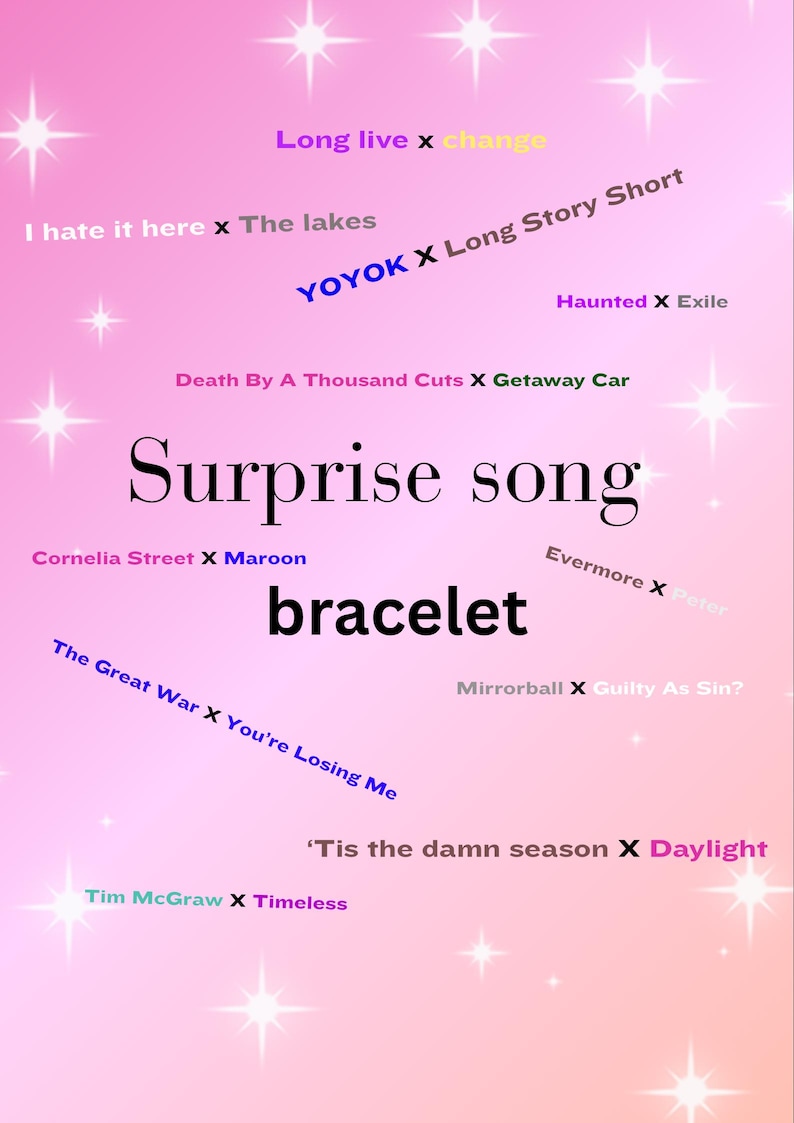 May include: A pink background with white stars and text in various colours. The text reads "Long live x change", "I hate it here x The lakes", "YOYOK X Long Story Short", "Haunted X Exile", "Death By A Thousand Cuts X Getaway Car", "Surprise song", "Cornelia Street X Maroon", "bracelet", "The Great War X You're Losing Me", "Evermore X Peter", "Mirrorball X Guilty As Sin?", "'Tis the damn season X Daylight", "Tim McGraw X Timeless".