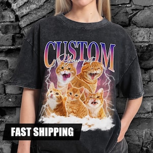T-shirt vintage bootleg personnalisé pour animal de compagnie, t-shirt pour chien rétro des années 90, chemise chat personnalisée, t-shirt délavé unisexe personnalisé pour animal de compagnie, chemise visage pour animal de compagnie, t-shirt couple personnalisé