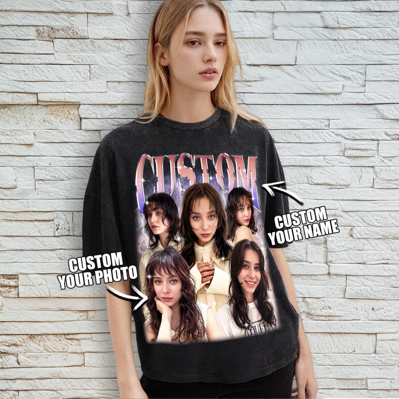 May include: Black oversized t-shirt with a vintage-style graphic featuring a collage of women's faces. The text "CUSTOM" is printed in a bold, colourful font. The shirt also has the text "CUSTOM YOUR PHOTO" and "CUSTOM YOUR NAME" printed on it.
