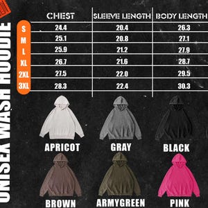 May include: Size chart for a unisex hoodie in various colours, including apricot, grey, black, brown, army green, and pink. The chart shows chest, sleeve length, and body length measurements in inches for sizes S, M, L, XL, 2XL, and 3XL.