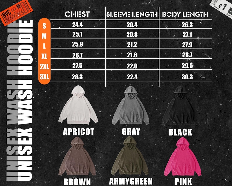 May include: Size chart for a unisex hoodie in various colours, including apricot, grey, black, brown, army green, and pink. The chart shows chest, sleeve length, and body length measurements in inches for sizes S, M, L, XL, 2XL, and 3XL.