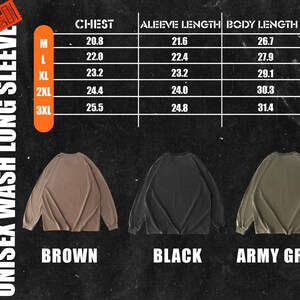 May include: Size chart for a long-sleeved shirt in brown, black, and army green. The chart shows chest, sleeve length, and body length measurements in inches for sizes M, L, XL, 2XL, and 3XL.
