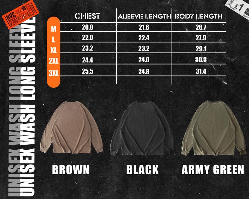 May include: Size chart for a long-sleeved shirt in brown, black, and army green. The chart shows chest, sleeve length, and body length measurements in inches for sizes M, L, XL, 2XL, and 3XL.