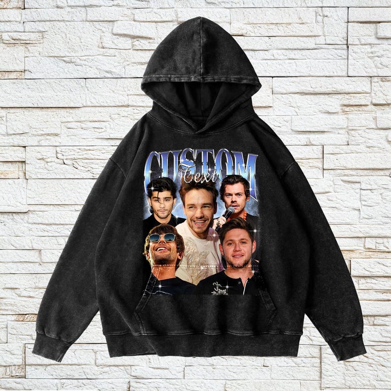 May include: Black hooded sweatshirt with a vintage-style graphic print of a band. The print features five men with the text "CUSTOM" and "Text" above them.