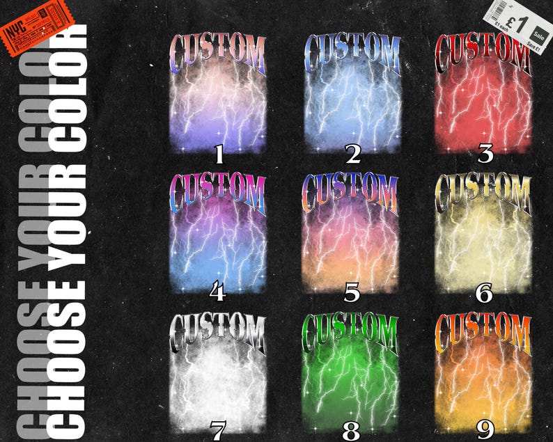 May include: Nine different colour variations of a graphic tee design featuring the word "CUSTOM" in a bold, metallic font with lightning bolts behind it. The colours include pink, blue, red, purple, orange, yellow, white, green, and orange.