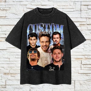May include: Black t-shirt featuring a vintage-style graphic of five men's faces. The text "CUSTOM Text" is printed above the graphic.