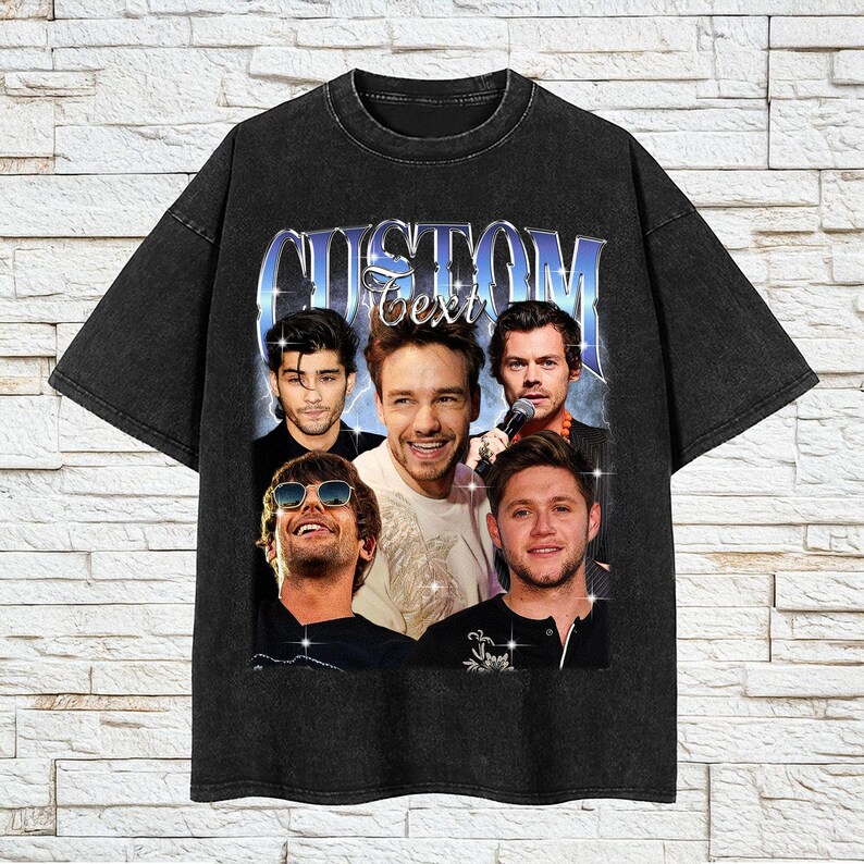 May include: Black t-shirt featuring a vintage-style graphic of five men's faces. The text "CUSTOM Text" is printed above the graphic.