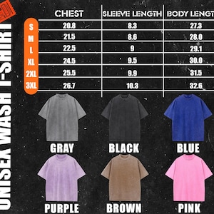 May include: A size chart for unisex t-shirts in various colours, including grey, black, blue, purple, brown, and pink. The chart shows chest, sleeve length, and body length measurements in inches for sizes S through 3XL.