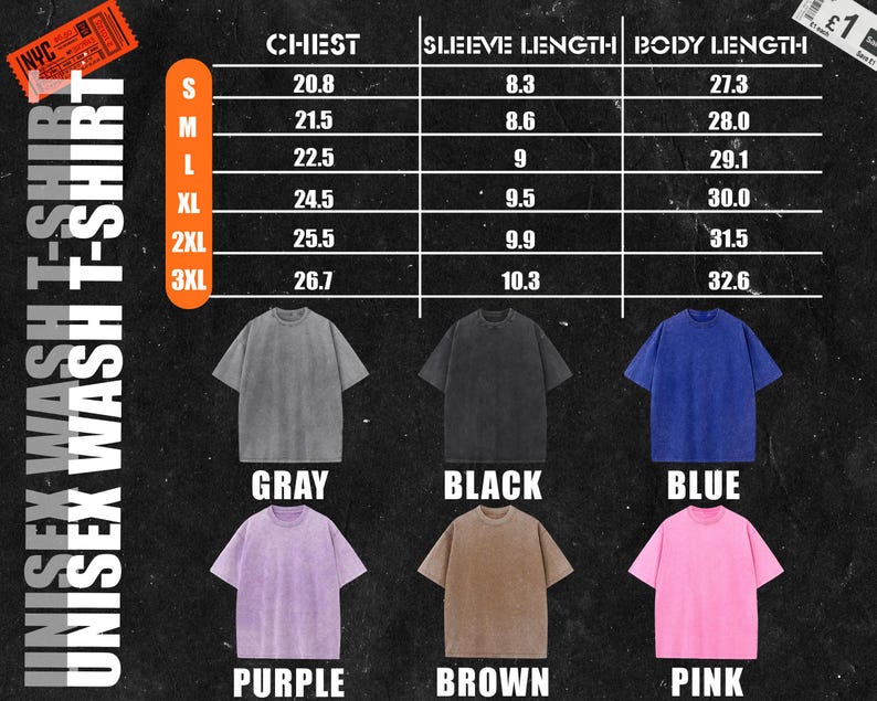 May include: A size chart for unisex t-shirts in various colours, including grey, black, blue, purple, brown, and pink. The chart shows chest, sleeve length, and body length measurements in inches for sizes S through 3XL.