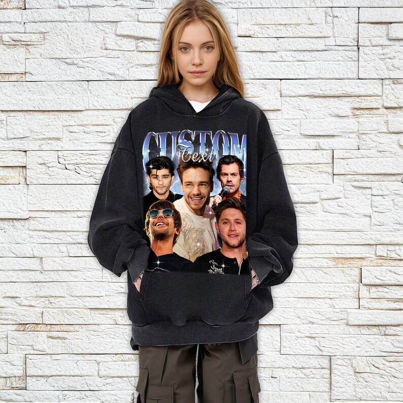 May include: Black hooded sweatshirt with a vintage-style graphic print of five men's faces. The print includes the text "CUSTOM Text".