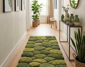 Moss Green Pebble Hand Tufted Wool Runner Rug, Organic Sculptural Stone Path Luxury Area Carpet, Textured Custom Shape Biophilic Design Rug