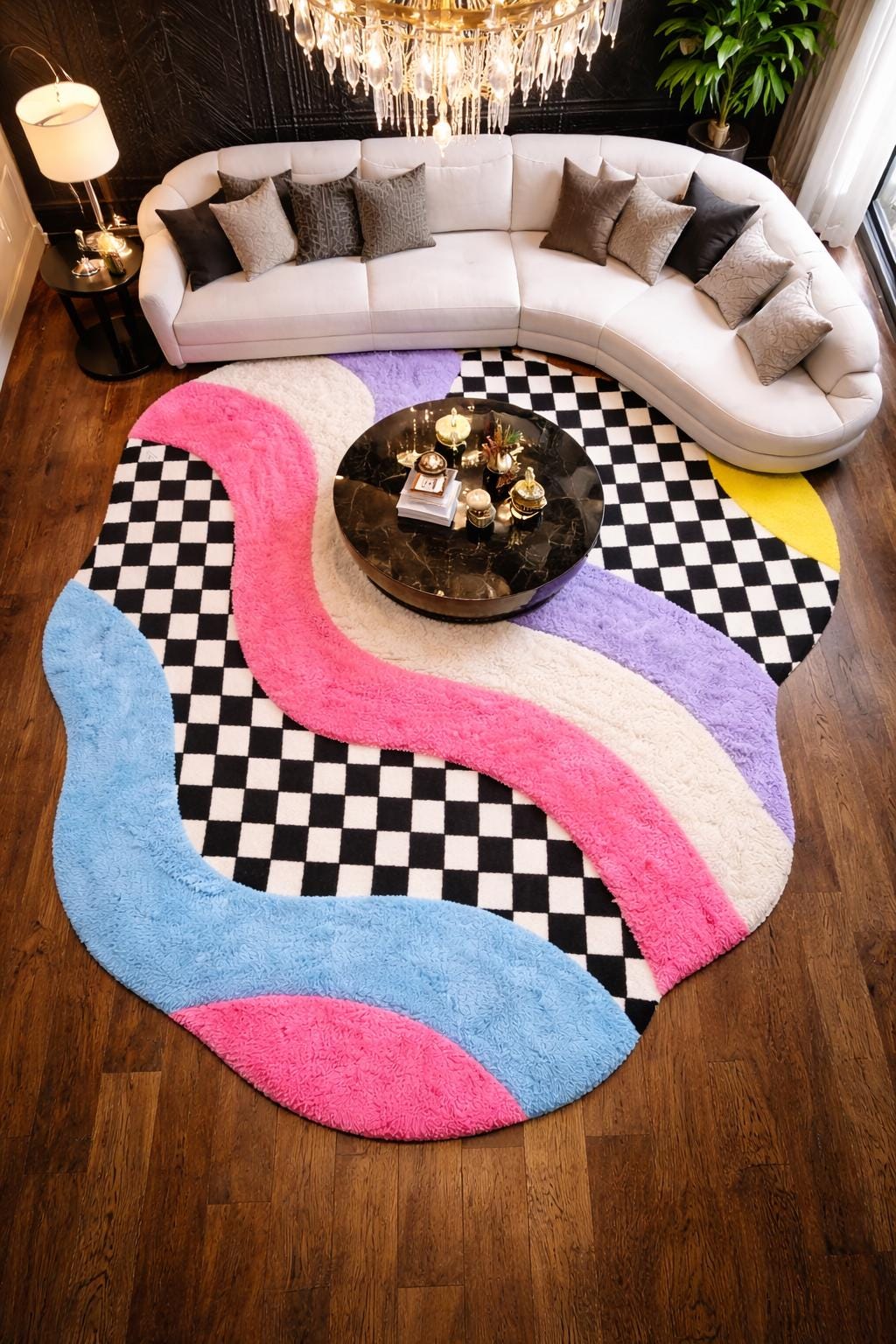 Wavy Checker Pattern Rug Irregular Shape Checkered Wavy Abstract Tufted Wool Rug |contemporary ...