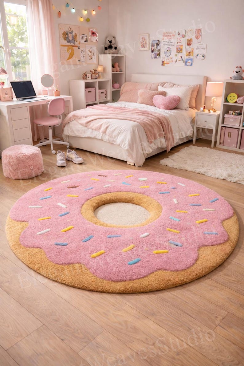 Handmade Donut Tufted Rug – Pink Frosting Round Area Rug – Girly Room ...