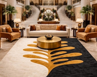 Handmade Tufted Abstract Rug – Modern Luxury Gold Black Cream Area Rug, Contemporary Art Carpet