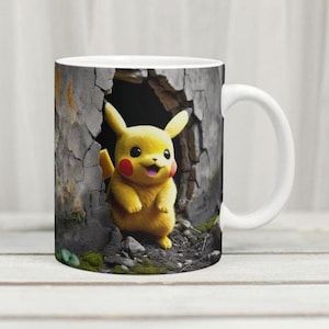 Projekt opakowania kubka 3D Peek-a-Boo Pikachu | Kubek do kawy 11 oz i 15 oz z nadrukiem sublimacyjnym w formacie PNG do pobrania