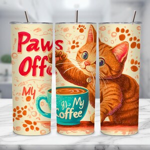 猫好きのタンブラーラップ | 20オンスのスキニー昇華デザイン | シームレスな足跡とコーヒーのユーモア | デジタルダウンロードPNG | かわいい猫のデザイン