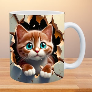 3D-Katzenloch in einer Wandbecherverpackung, Kätzchen-Becherverpackungs-Sublimationsdesign PNG, 11 Unze und 15 Unze Kaffeetassenvorlage, 3D-süßer Kitty-Becher-Presseentwurf