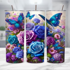 Boho Floral Tumbler Wrap PNG | Vintage Butterfly 20oz Skinny Tumbler Sublimation Design Template | Digital Download
