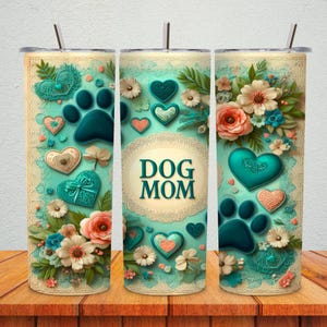 3D Dog Mom Tumbler Wrap | 20oz Skinny Sublimation Design | Dog Paw & Floral Art | Instant Digital Download PNG | Pet Lover Gift