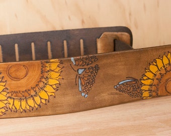 Leather Guitar Strap for Acoustic or Electric Guitars - Celestial pattern with sunflowers and butterflies - Yellow, brown, blue - Handmade