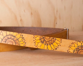 Bracelet mandolin - Cuir avec tournesols en jaune et bronzage antique - Pour mandolins de style A ou F, Ukulele - Cadeau du troisième anniversaire