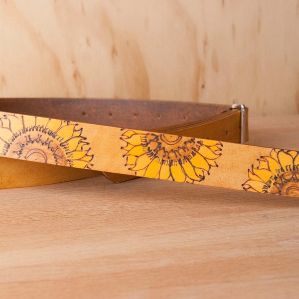 Mandolin Strap - Leather with Sunflowers in Yellow and Antique Tan - For A or F Style Mandolins, Ukulele - Third Anniversary Gift