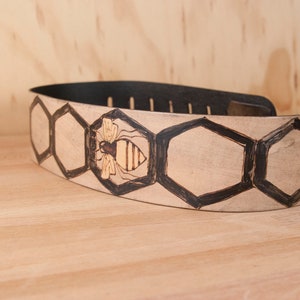Leather Guitar Strap - Handmade in the  Hive pattern with bees and honeycomb in black and antique black - Acoustic or Electric Guitars