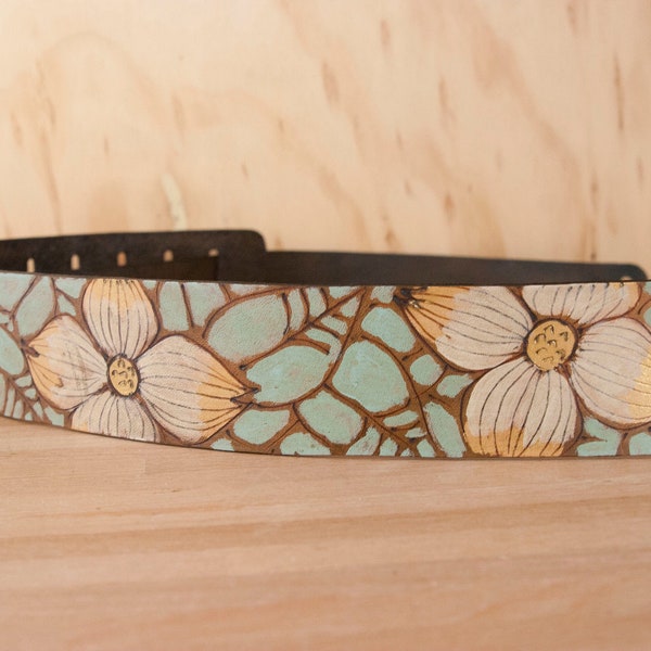 Leather Ukulele Strap - Handmade in the Rebecca Pattern with Dogwood Flowers  - Third Anniversary Gift - Kids guitar or Mandolin Strap