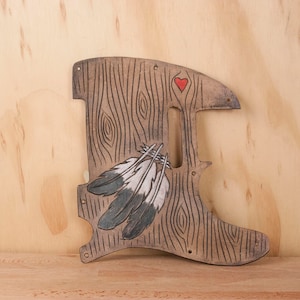 Leather Pickguard - Handmade Guitar Pick Guard for Fender Telecaster - Emily Pattern with Feathers, Heart and Woodgrain - Tooled Pick Guard