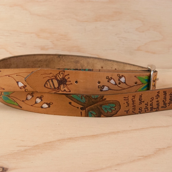 Leather Mandolin or Ukulele Strap - Personalized with Flowers, Bees and Butterflies - Custom Mandolin Strap for A or F Style Mandolins