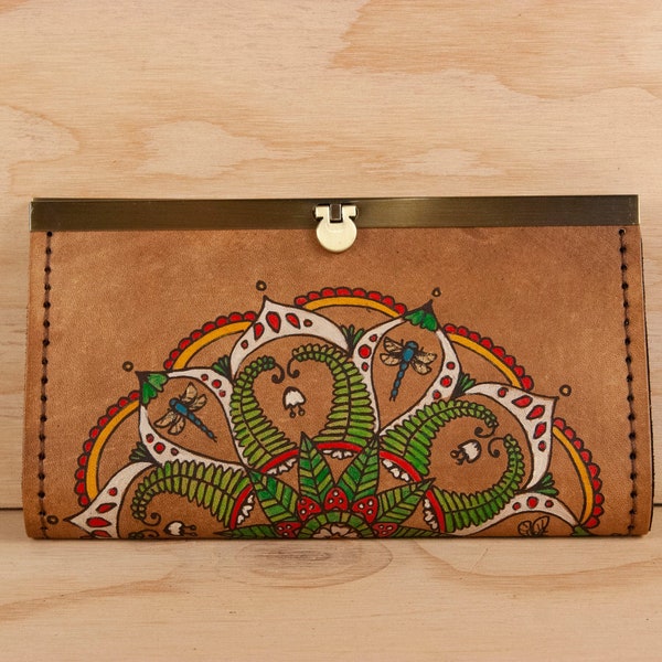 Leather Checkbook Wallet -  Womens Clutch Wallet in the Ronja Mandala Pattern with Mushrooms and Dragonflies - Third Anniversary Gift Idea