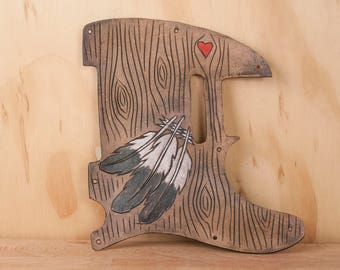 Handmade Leather Telecaster Pickguard: Woodgrain, Feathers & Heart