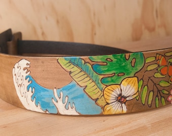 Leather Guitar Strap for Acoustic or Electric Guitars - Hanalei Pattern with Tropical Flowers, Waves and Leaves - Green, Antique Brown