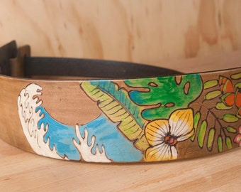 Handmade Leather Guitar Strap: Tropical Hanalei Design